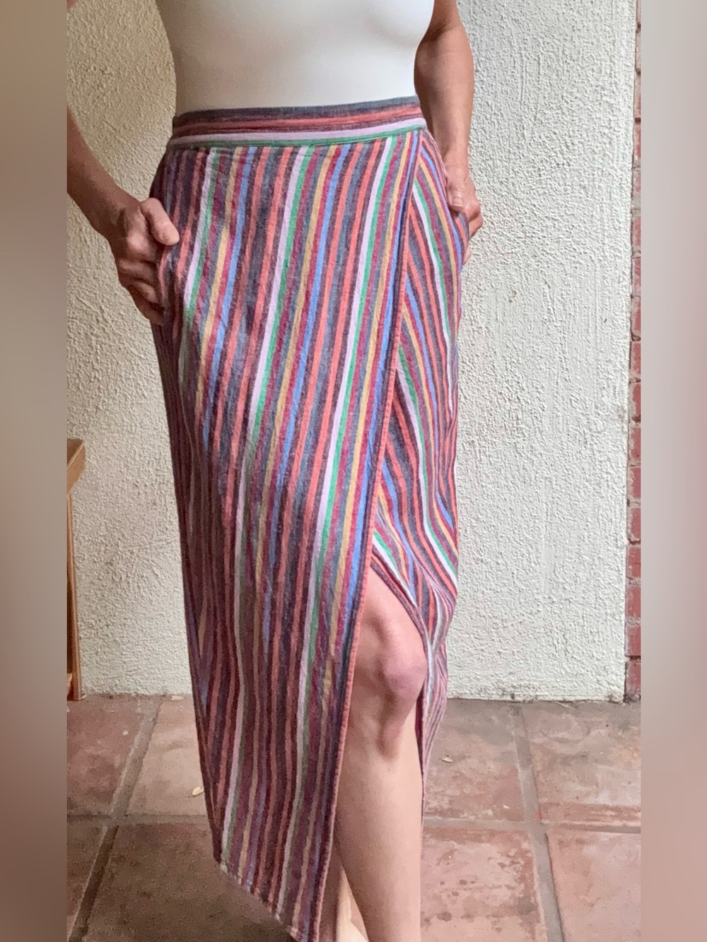 Madewell Linen Striped Midi Skirt with Slit